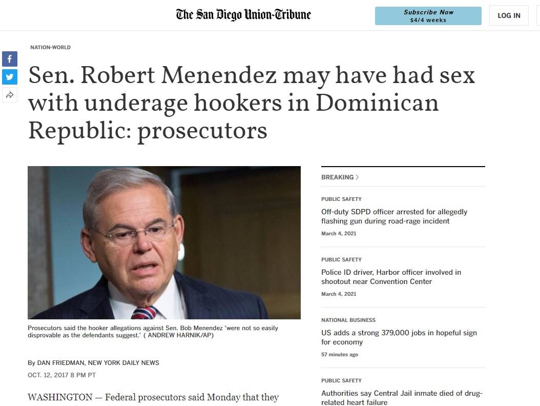 Сенатор Менендес намесен в корупция и непълнолетни проститутки``